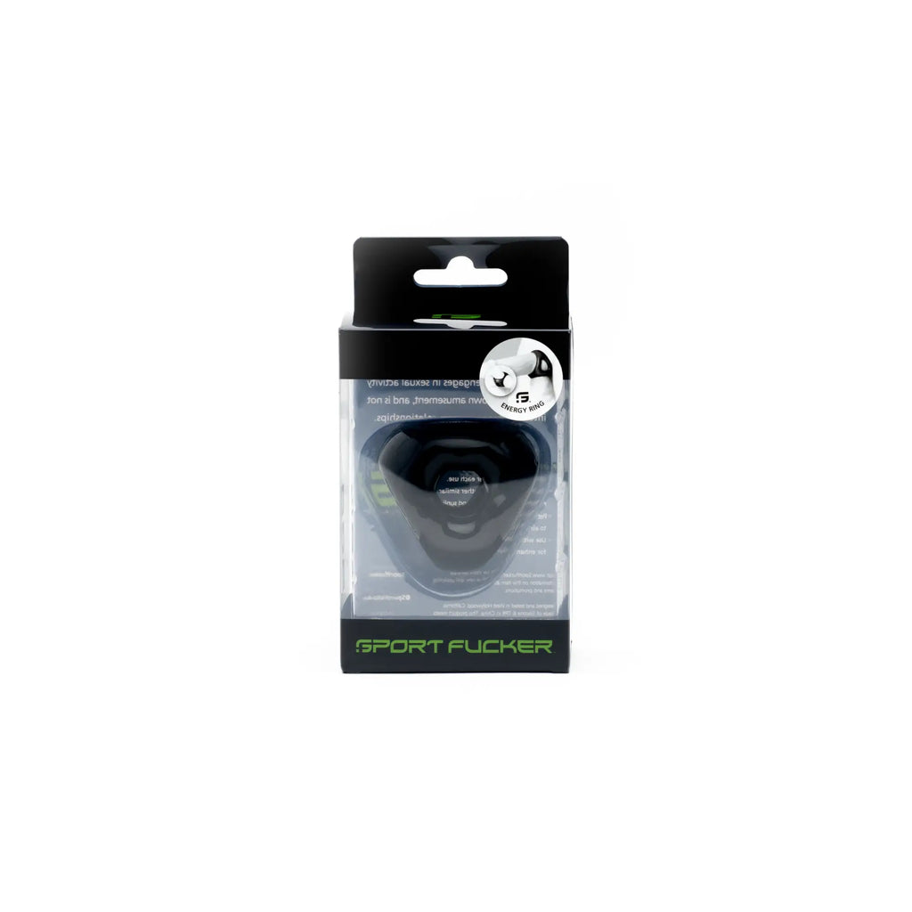 Black plastic sports performance energy ring in clear packaging with green sport fucker branding visible