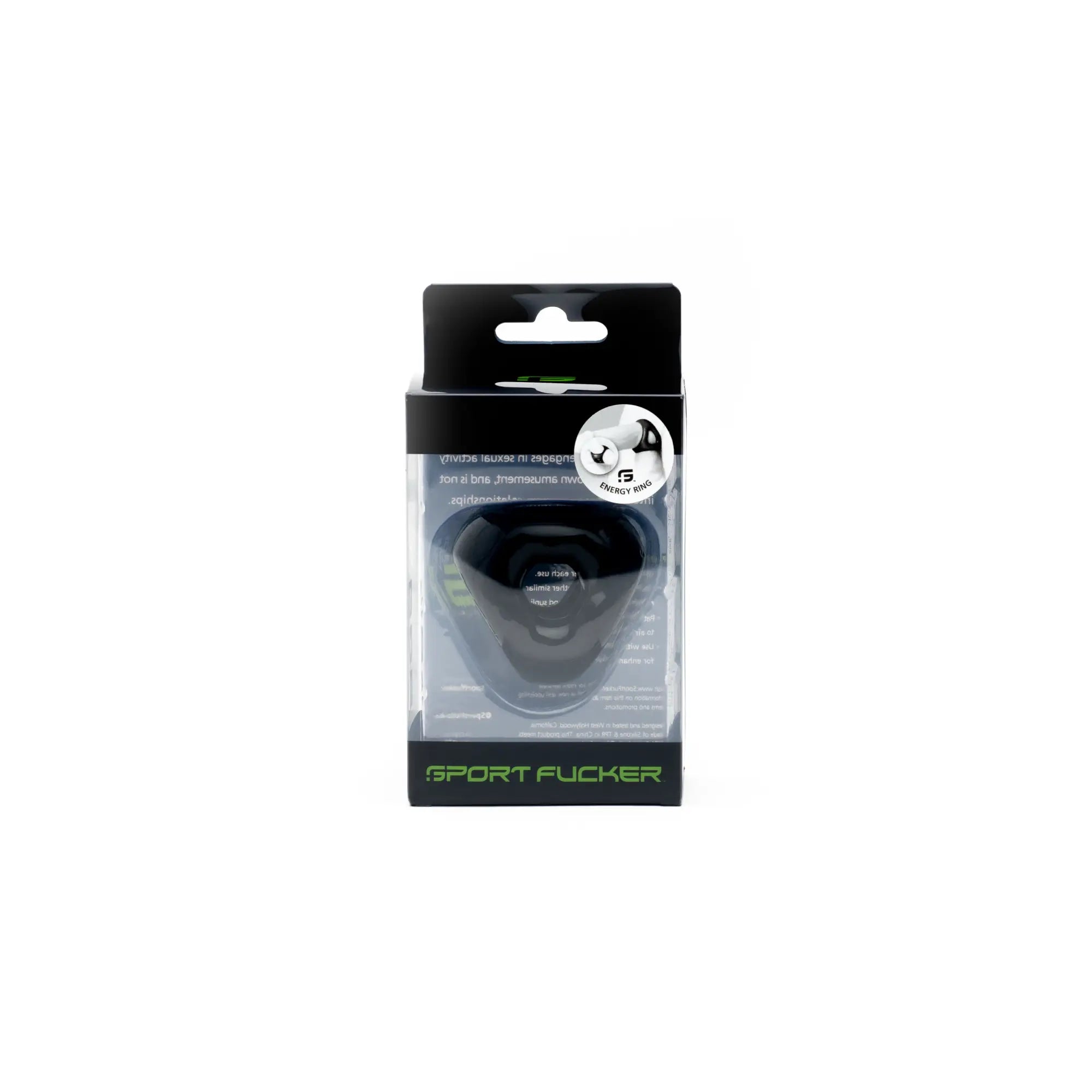 Black plastic sports performance energy ring in clear packaging with green sport fucker branding visible