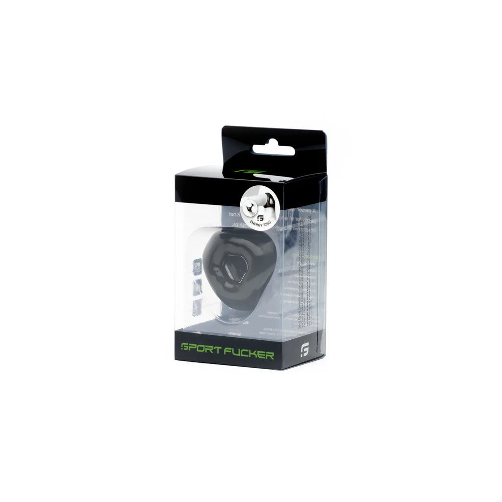 Black silicone sport flogger with textured grip and ergonomic design packaged in clear plastic box by sport fucker