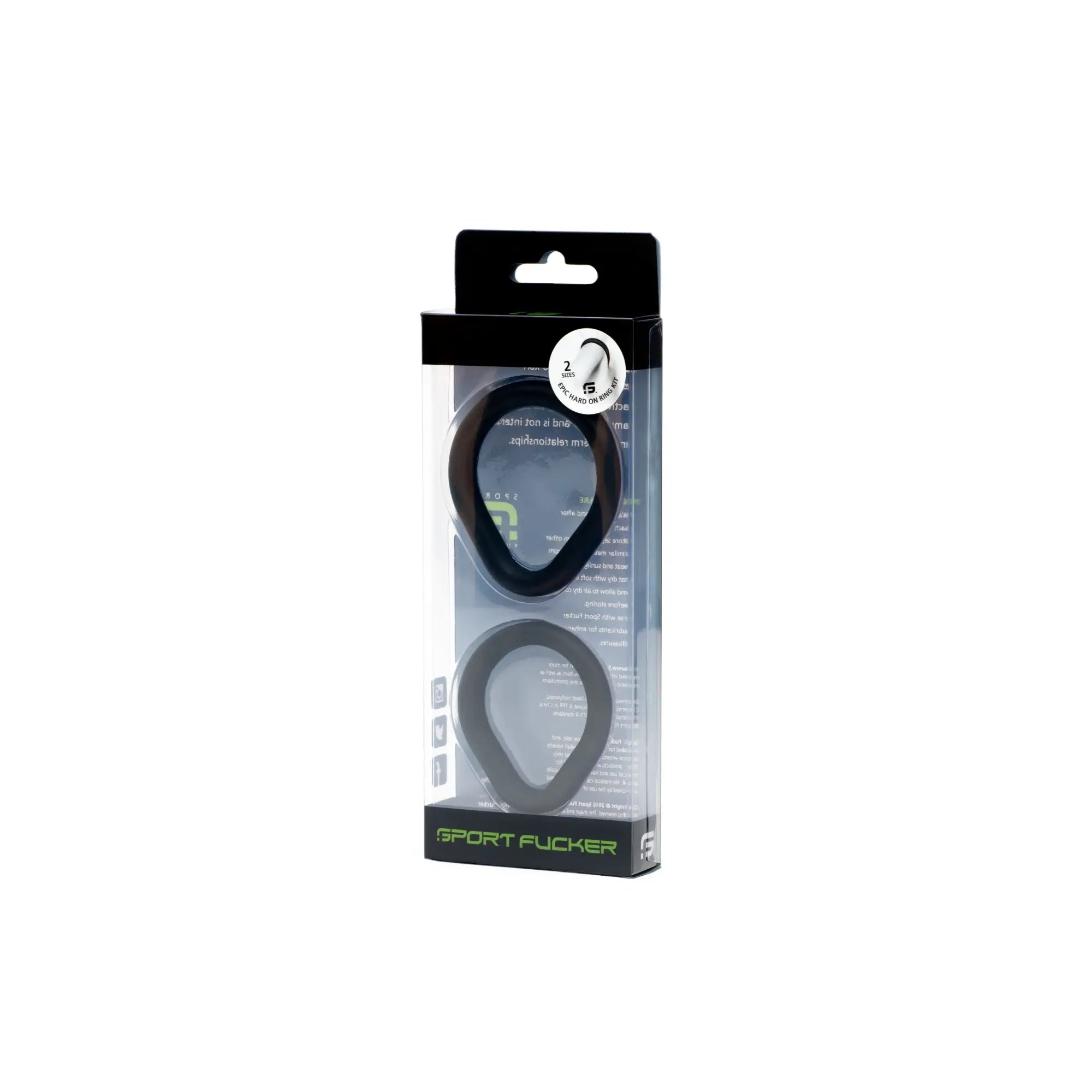 Black silicone sport fucker ring set in packaging from sport fucker epic hard on kit 2 pk black