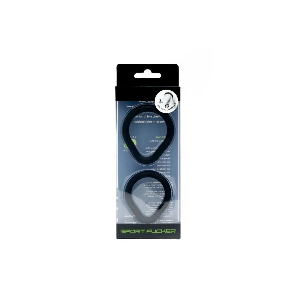 Black silicone Sport Fucker sport fucker rings in clear packaging from the Epic Hard on Kit 2 pack by Sport Fucker