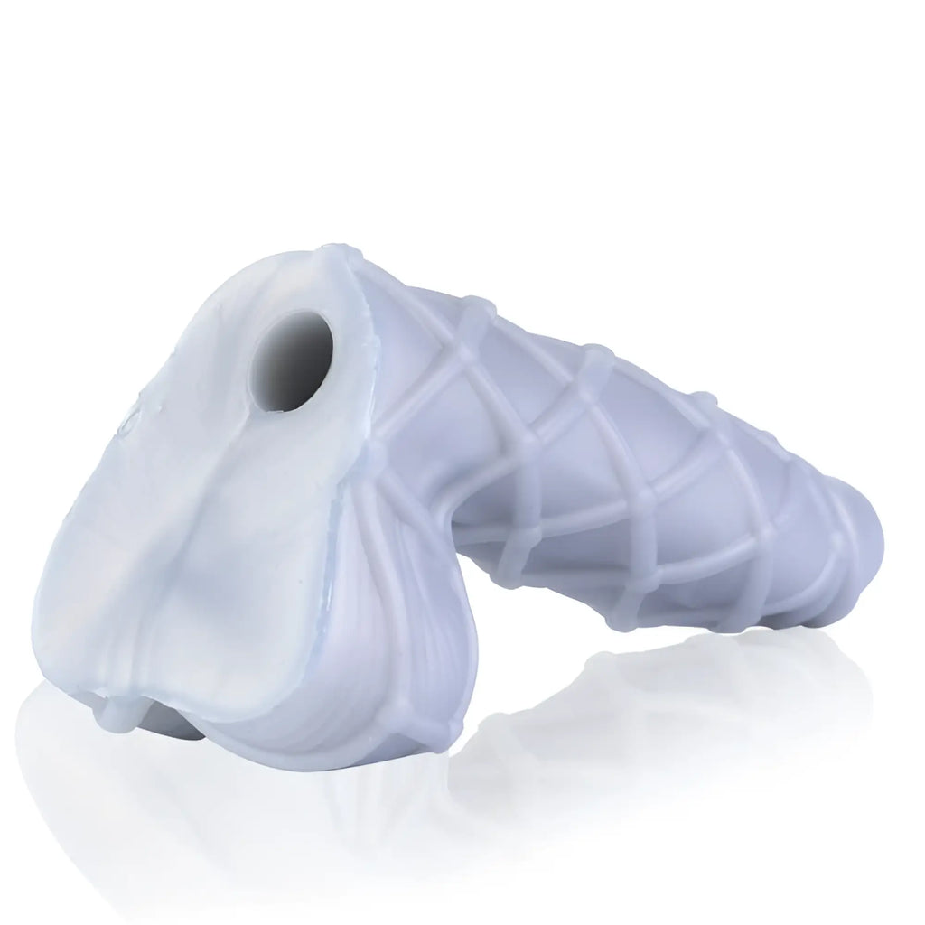 Light gray silicone condom cover with textured grid pattern and circular top opening for sport fucker fetishique dildo medium m