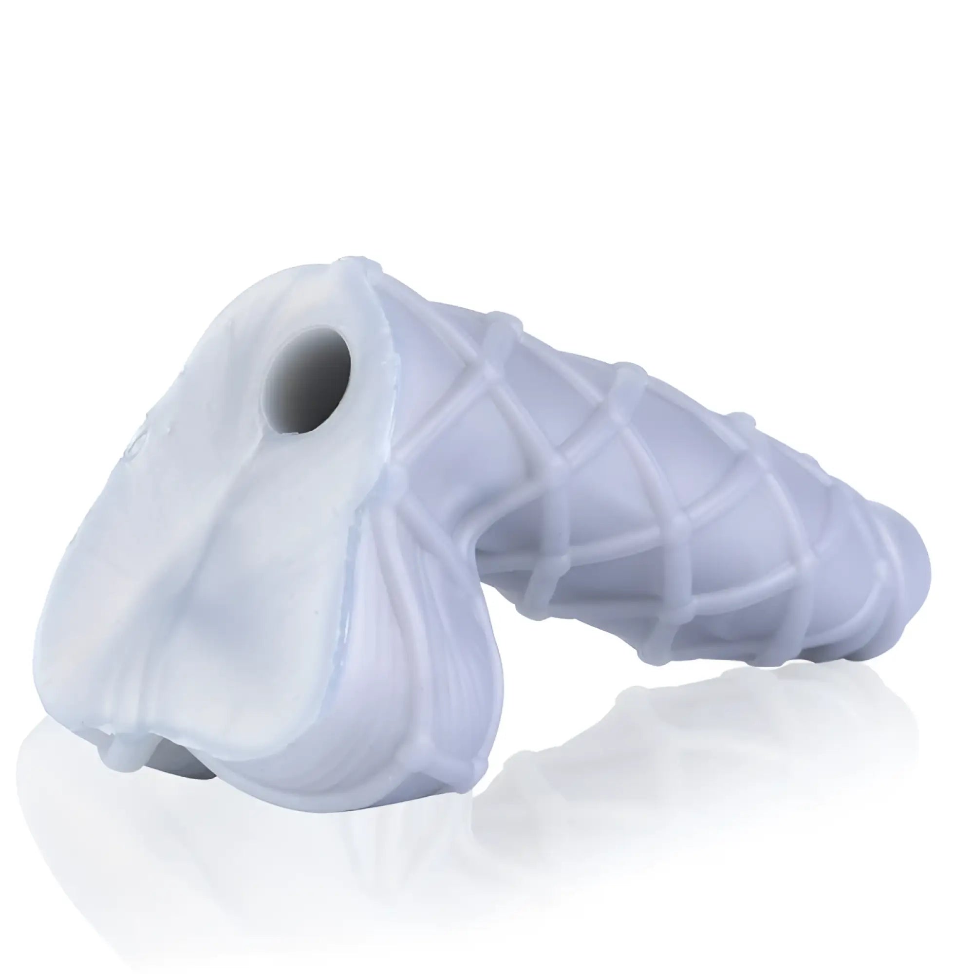 Light gray silicone condom cover with textured grid pattern and circular top opening for sport fucker fetishique dildo medium m