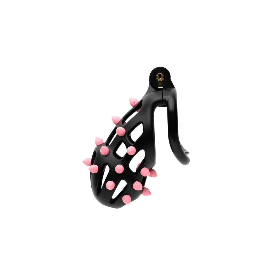 Black sport fucker flexispike size 2 spiked cock cage with pink spikes and gold lock for male chastity play