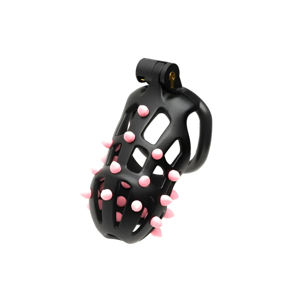Black sport fucker flexispike size 2 spiked cock cage with pink spikes and round accents visible from front side