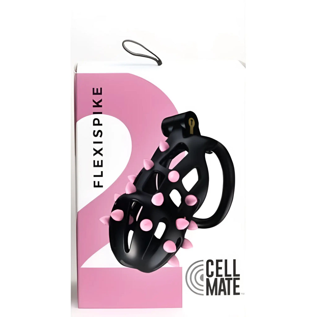 Black plastic sport fucker flexispike size 2 spiked cock cage with pink spikes and gold keyhole by cell mate