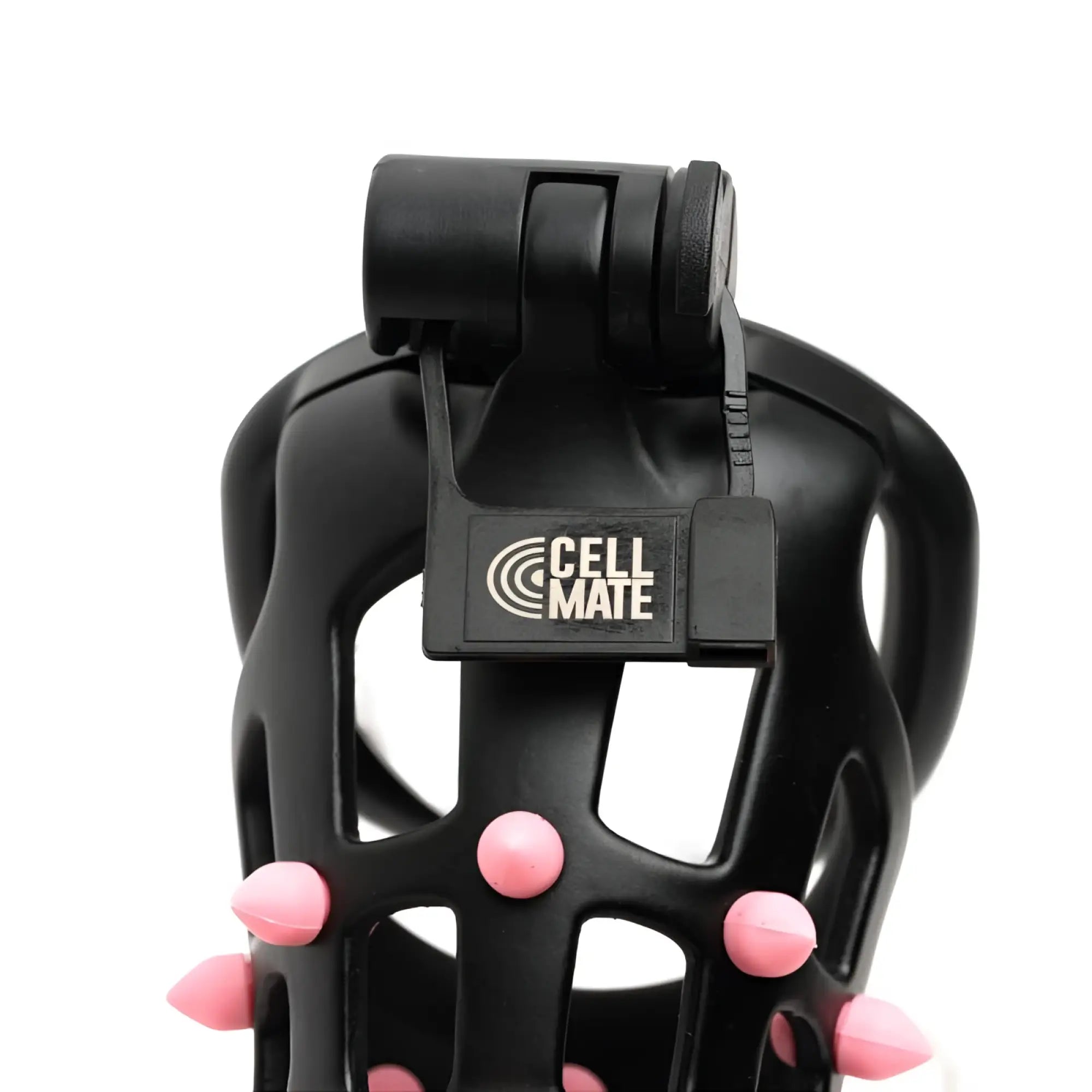 Black plastic Sport Fucker FlexiSpike size 2 cock cage with pink spiked protrusions and Cell Mate label visible
