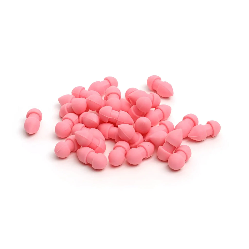 Pink silicone earplugs with a soft rounded design shown with sport fucker flexispike size 2 spiked cock cage