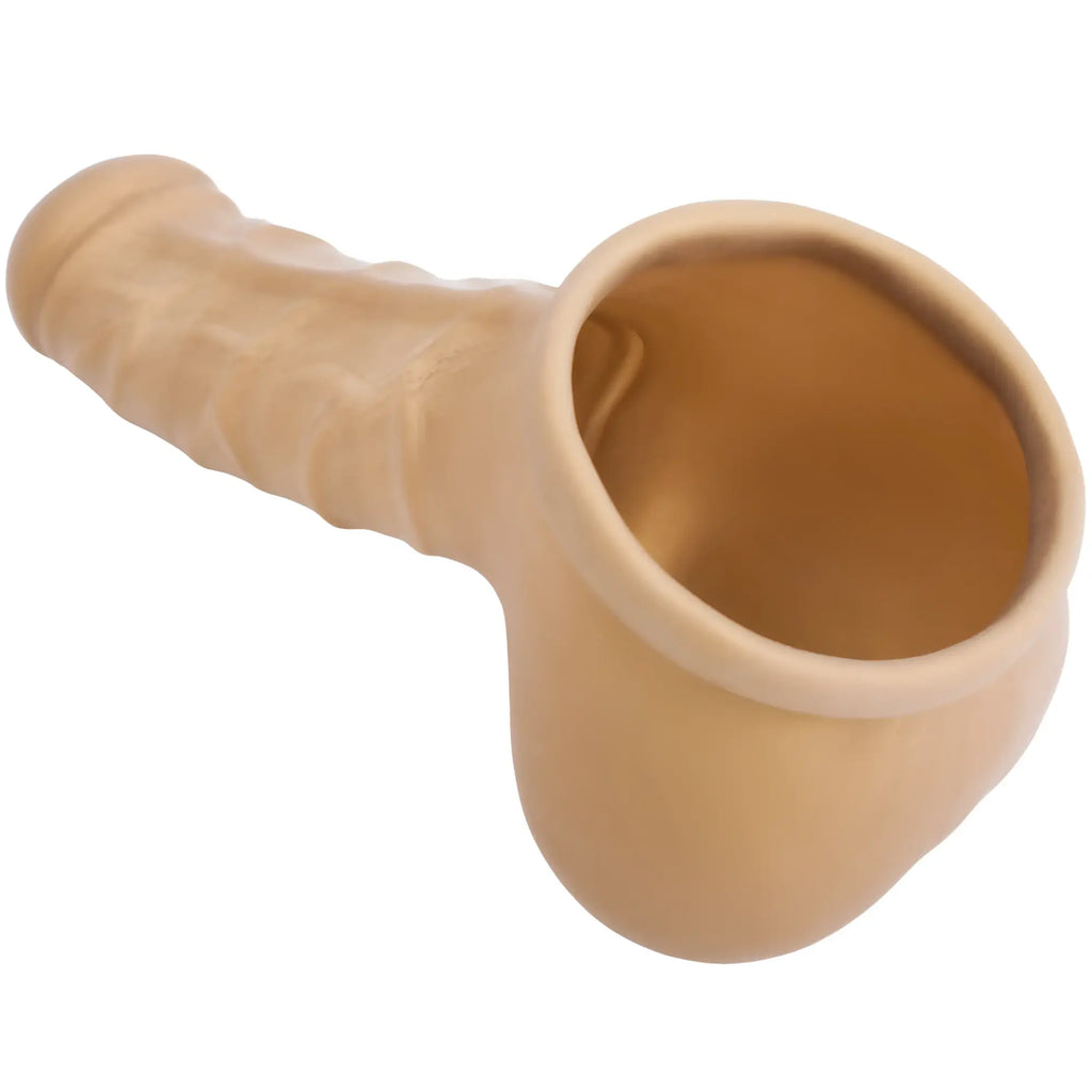 Beige silicone cock sleeve with textured grip and open circular end for sport fucker franz latex use