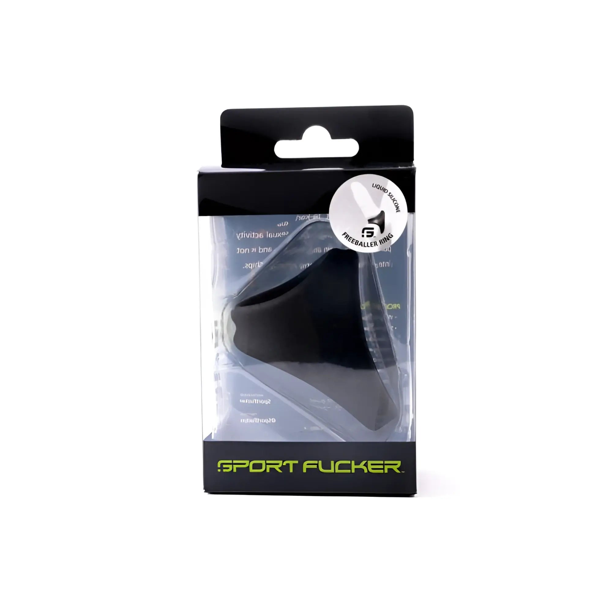 Black liquid silicone sport fucker freeballer ring in clear plastic and black cardboard package with green branding