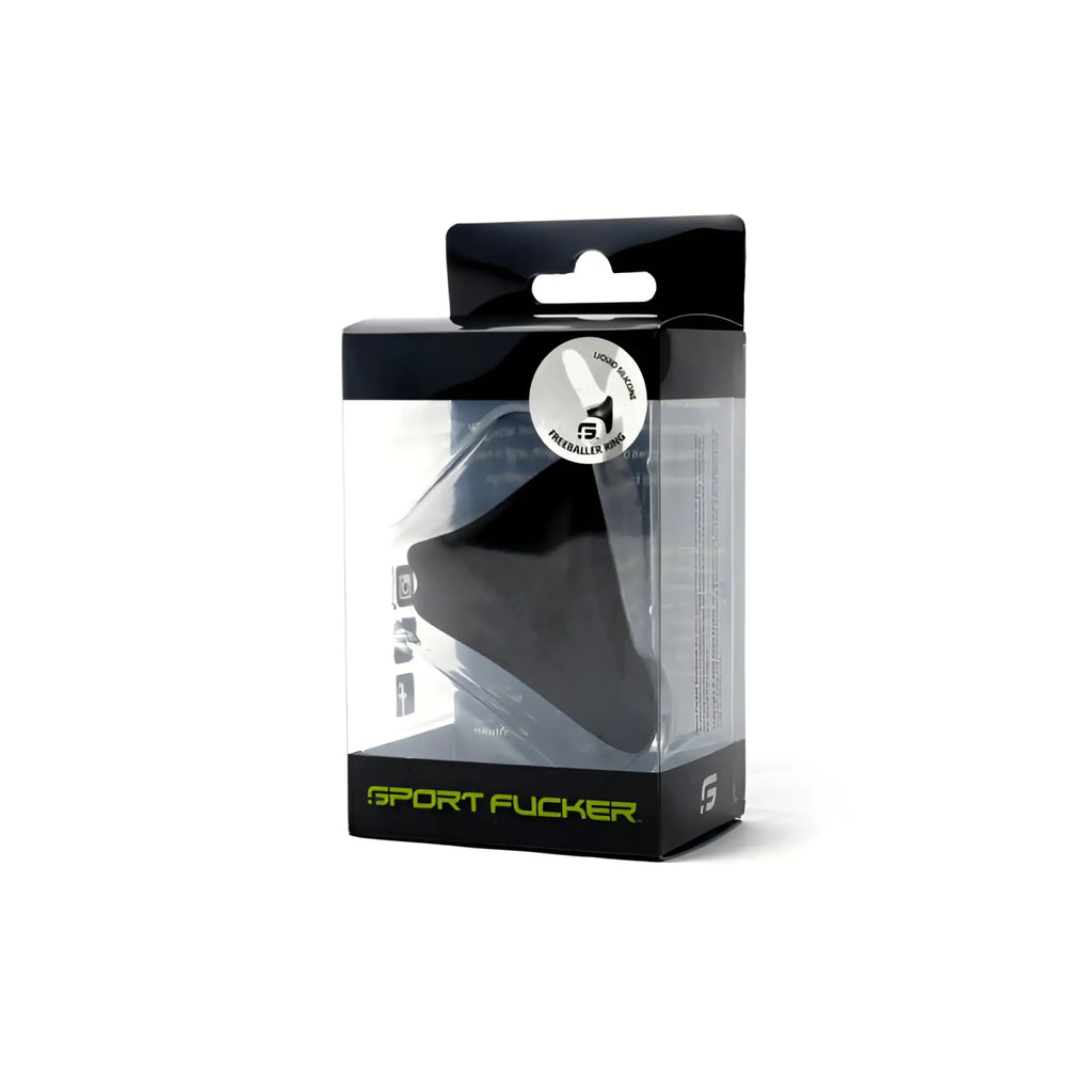 Black silicone sport fucker freeballer ring in clear plastic packaging with green branding