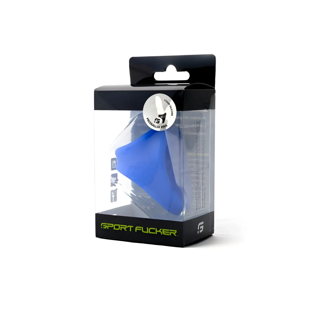 Blue silicone sport fucker freeballer ring in black and clear packaging for comfortable athletic use