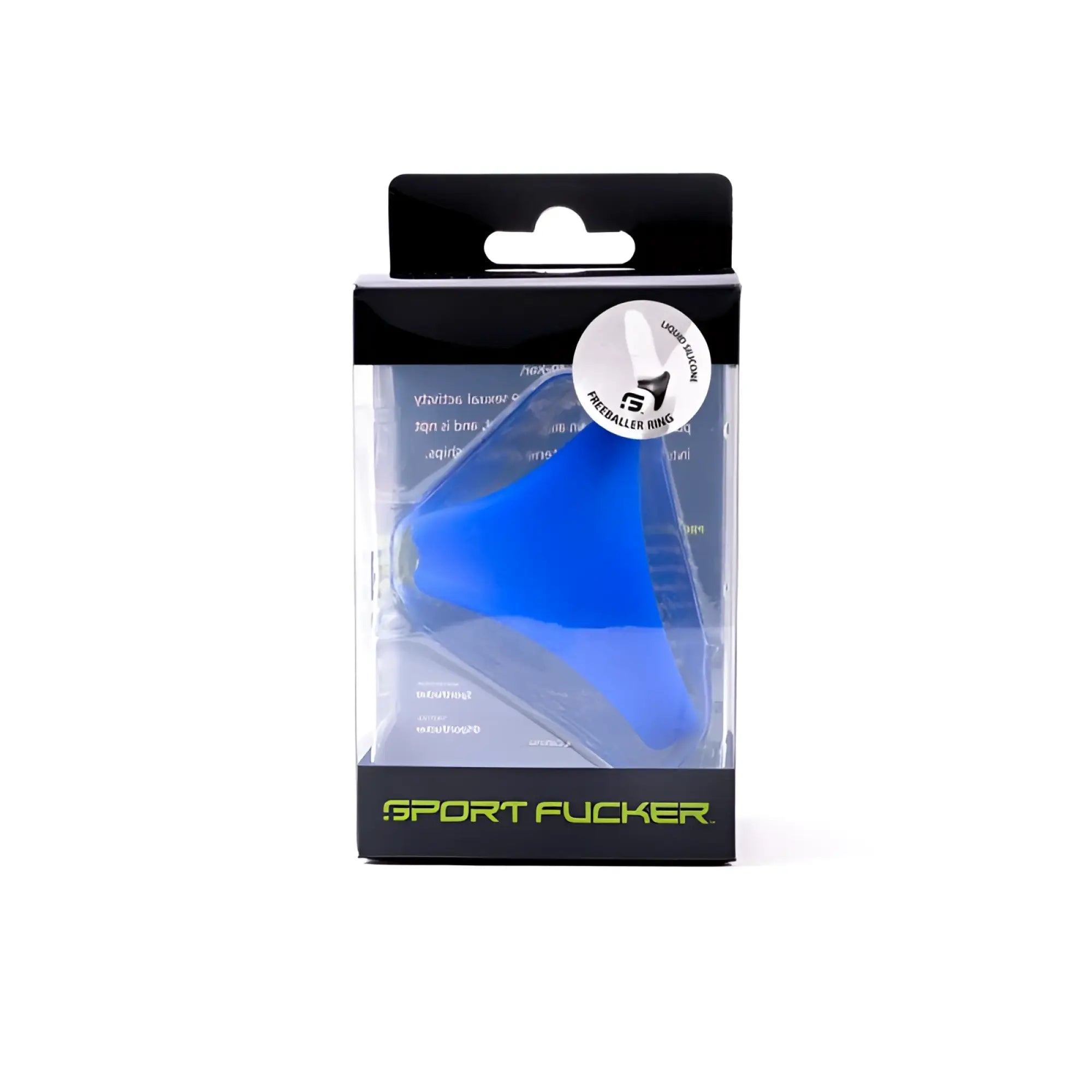 Blue silicone sport fucker freeballer ring in clear packaging with black and green branding visible