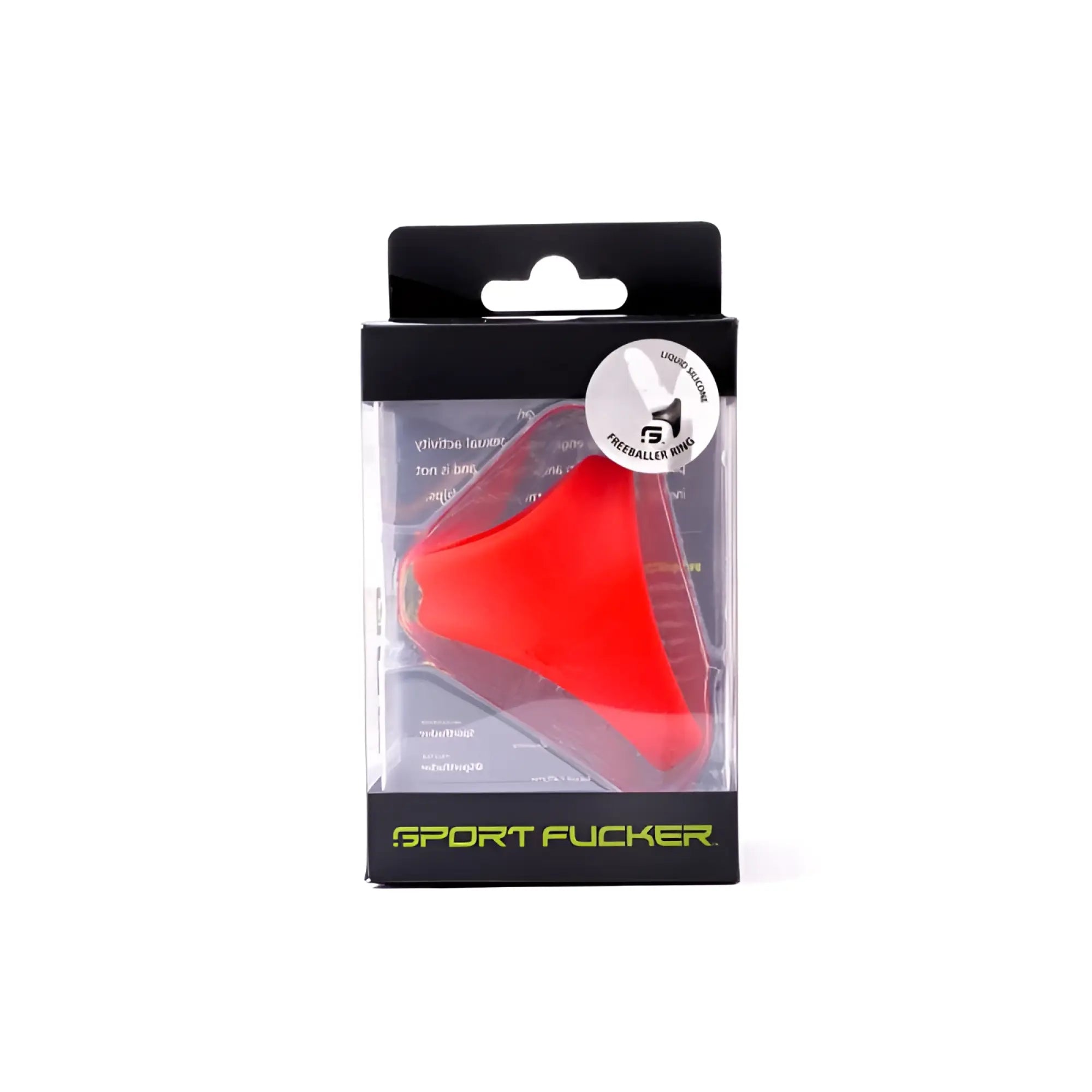 Red silicone sport fucker freeballer ring in clear packaging with black and green branding
