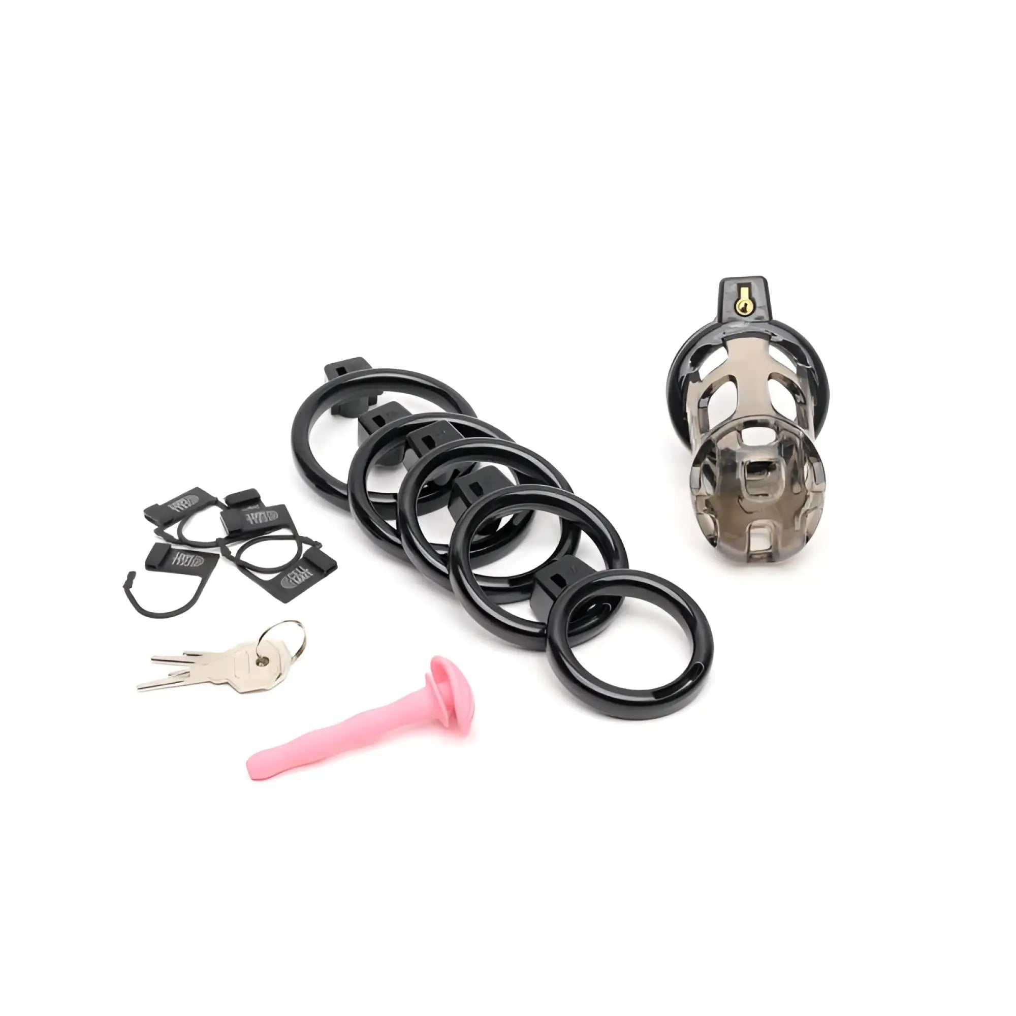 Black and translucent gray metal sport fucker gladiator size 1 soft cock cage with matching rings keys and pink silicone insert