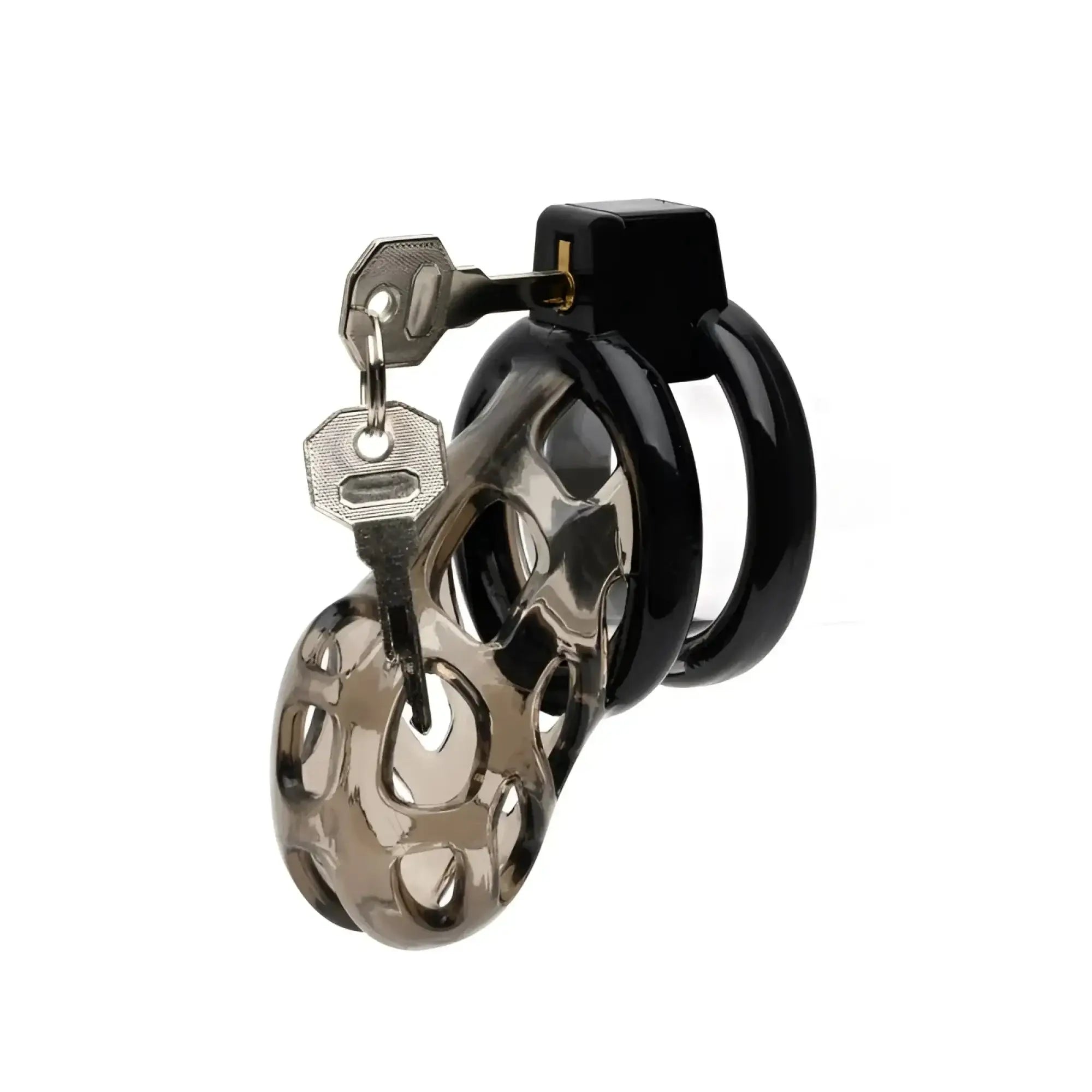 Black and translucent gray soft sport fucker gladiator size 1 cock cage with pussification plug and attached key