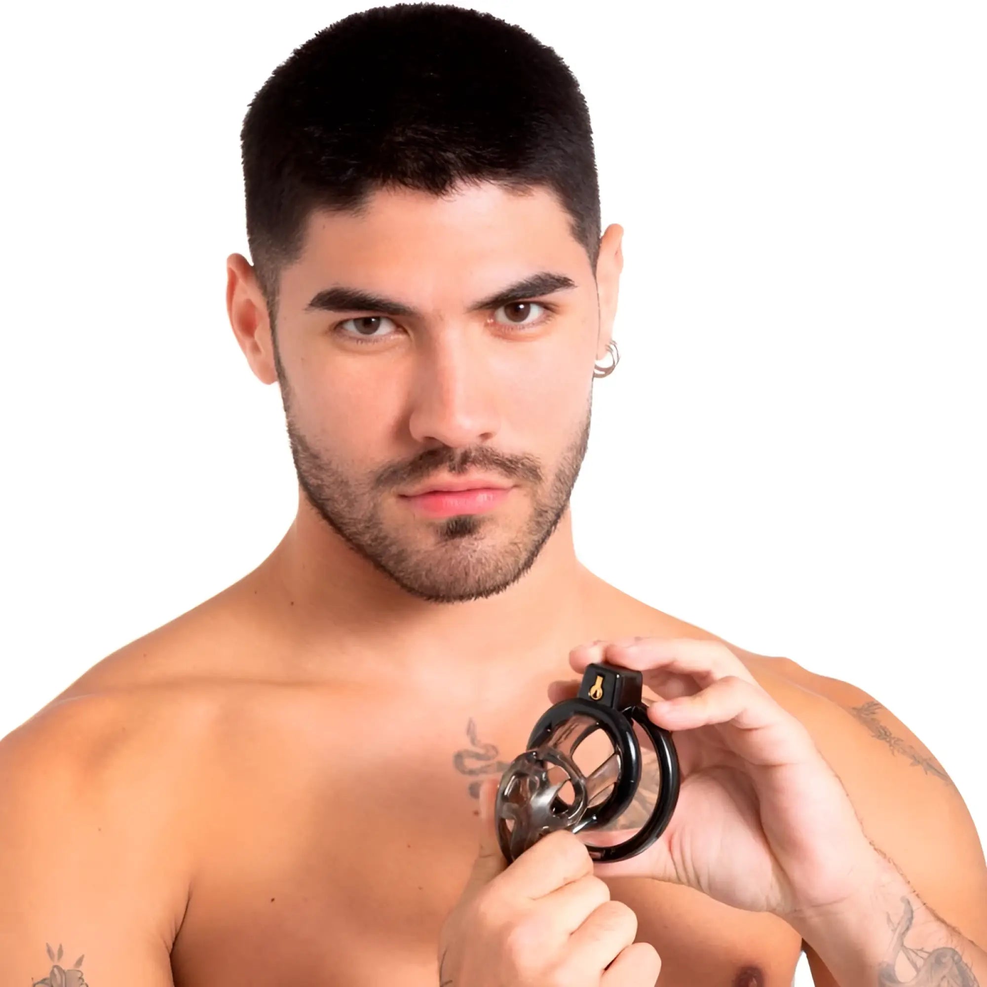 Black metal Sport Fucker Gladiator size 1 soft cock cage with gold logo on top ring and pussification plug