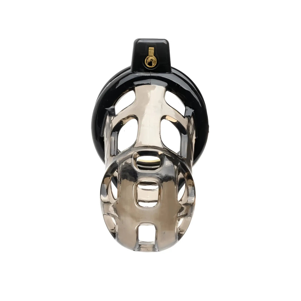 Shiny chrome-plated metal sport fucker gladiator size 1 soft cock cage with black ring and gold keyhole