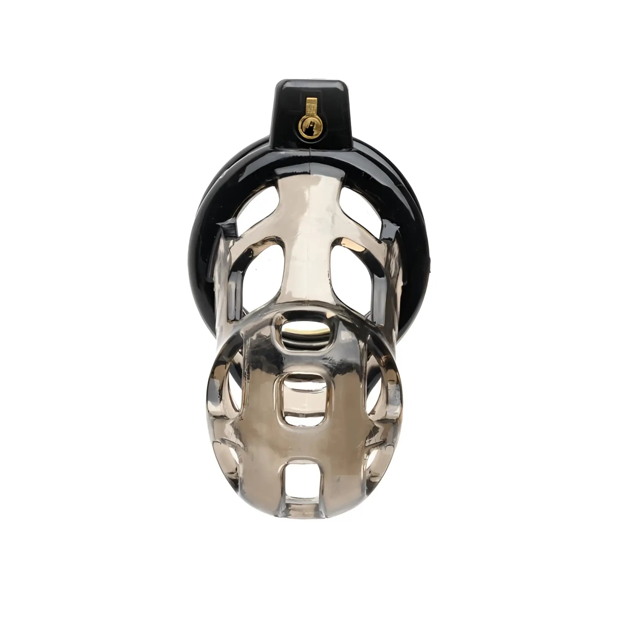 Shiny chrome-plated metal sport fucker gladiator size 1 soft cock cage with black ring and gold keyhole