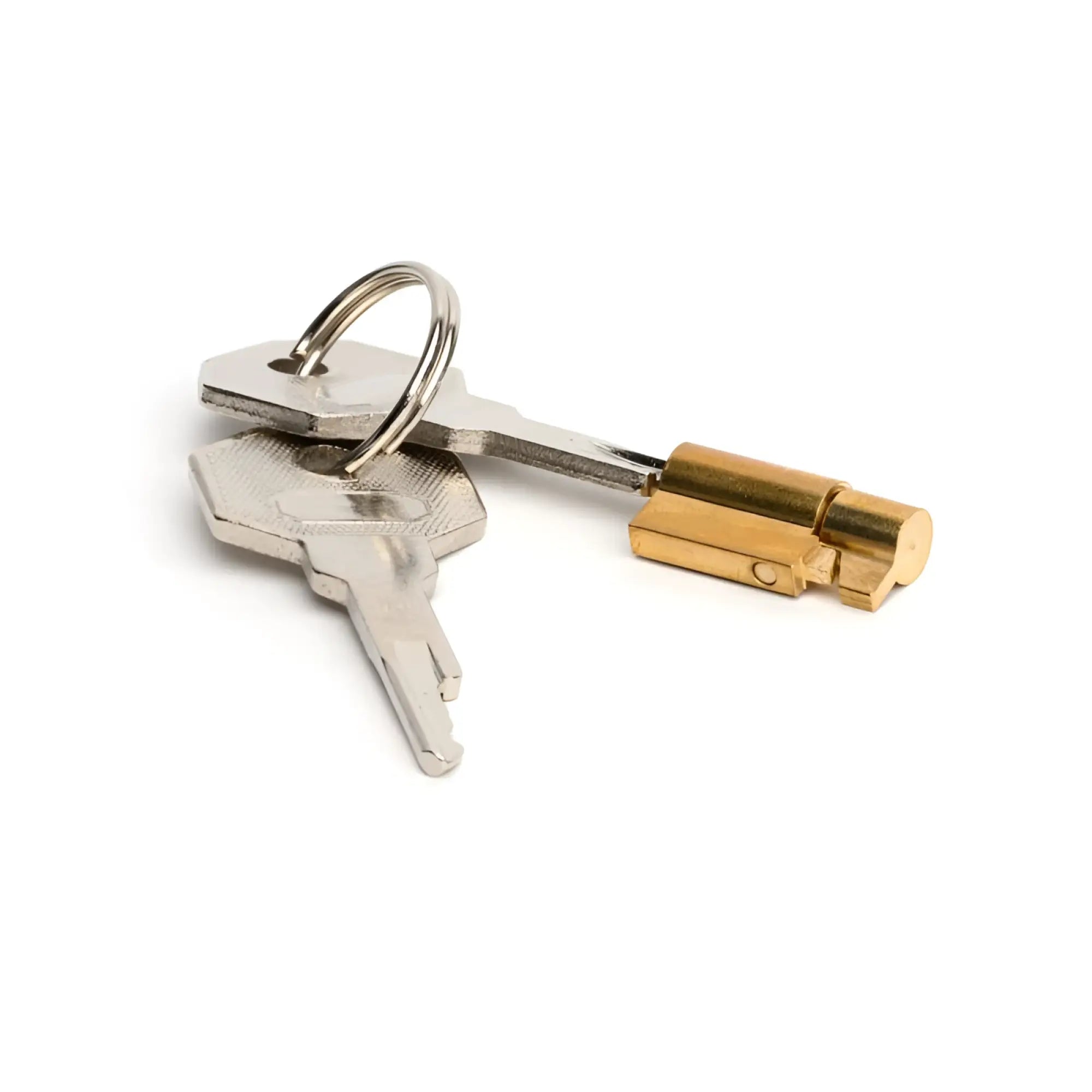 Silver and gold metal keys on a ring with an ornate brass lock for sport fucker gladiator size 1 soft cock cage
