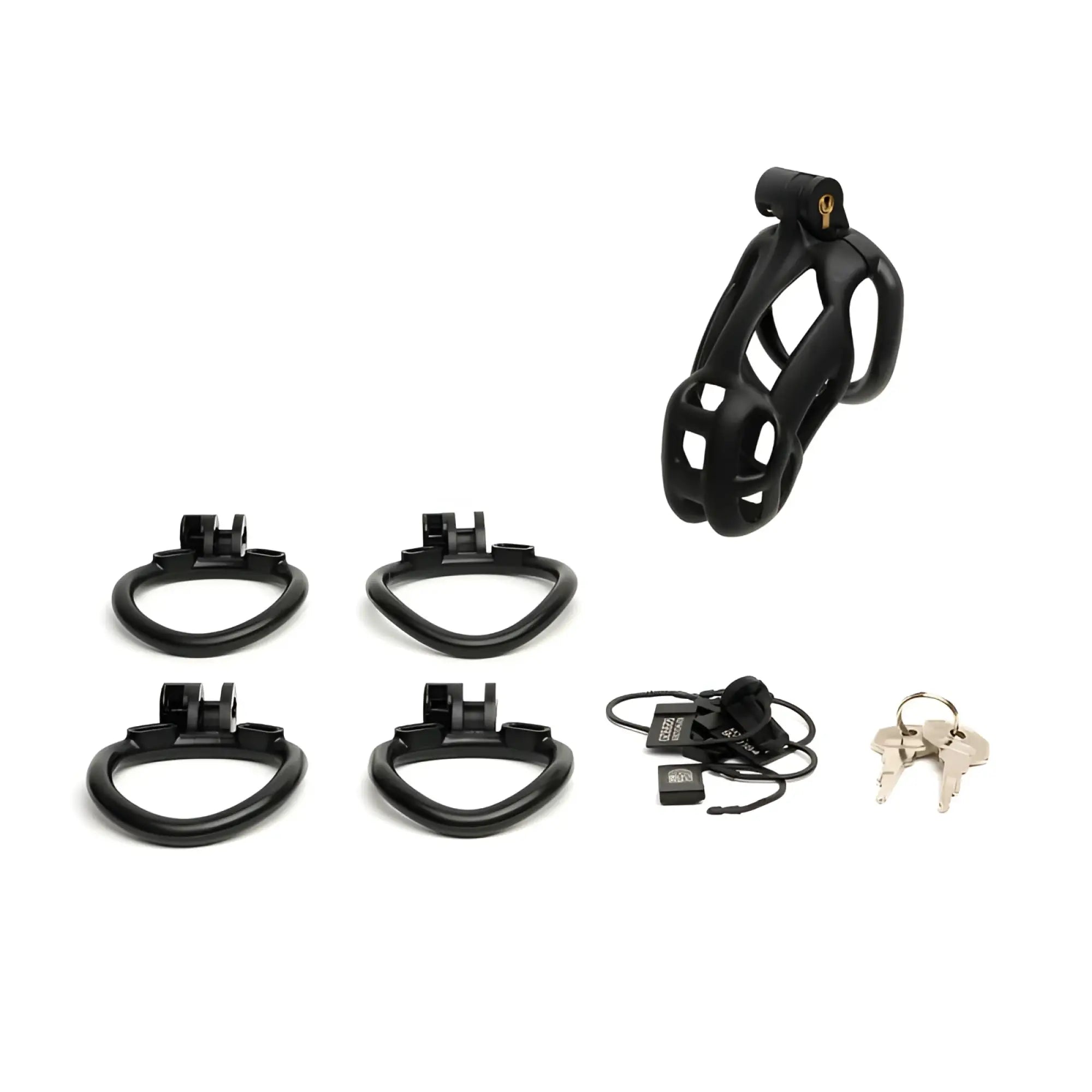 Black sport fucker guardian size 2 cock cage with four matching rings and keys for secure chastity play