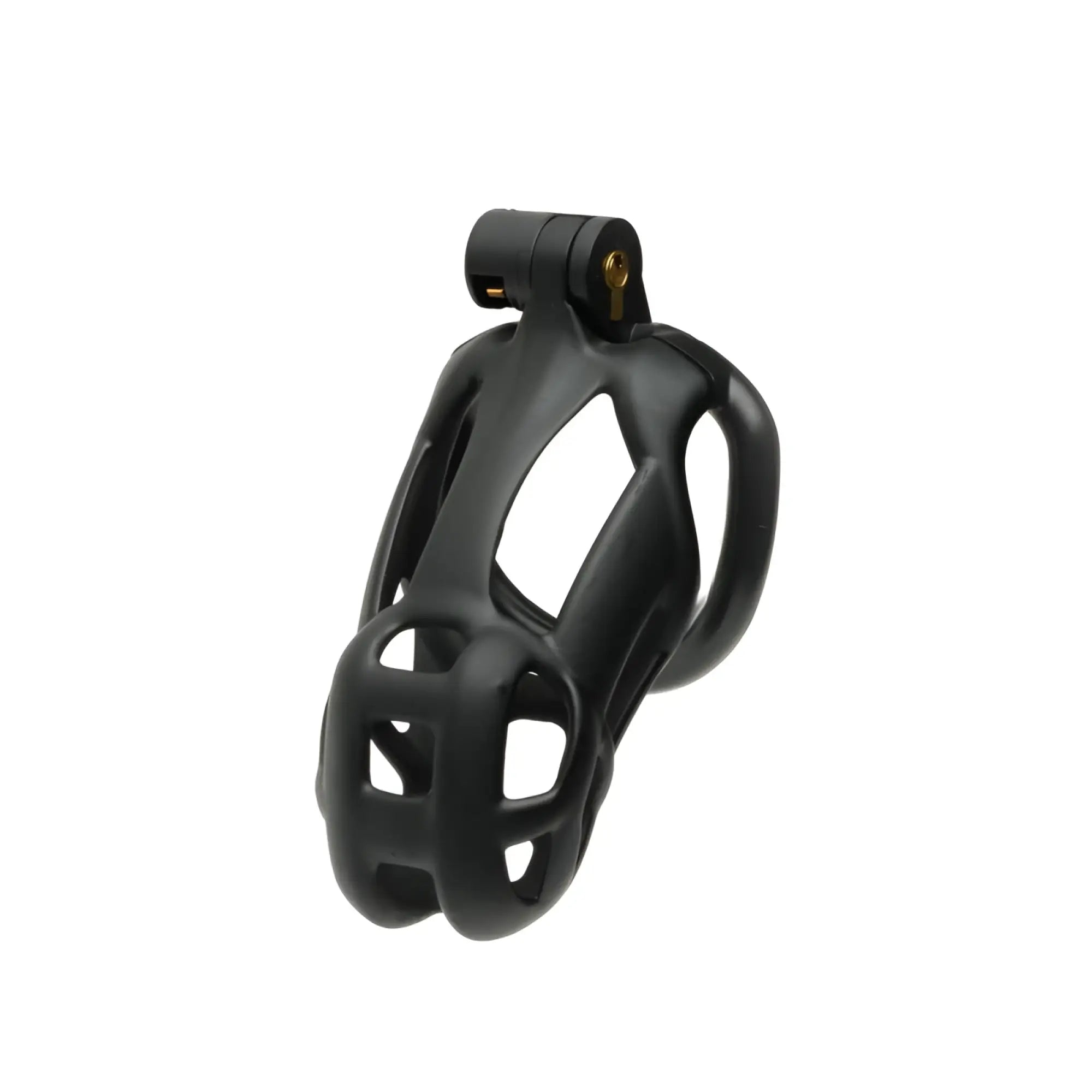 Black molded plastic sport fucker guardian size 2 cock cage with gold-toned metal hardware front view