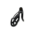 Black molded plastic sport fucker guardian size 2 cock cage with gold-toned lock mechanism front view