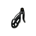 Black molded plastic sport fucker guardian size 2 cock cage with gold-toned lock mechanism front view