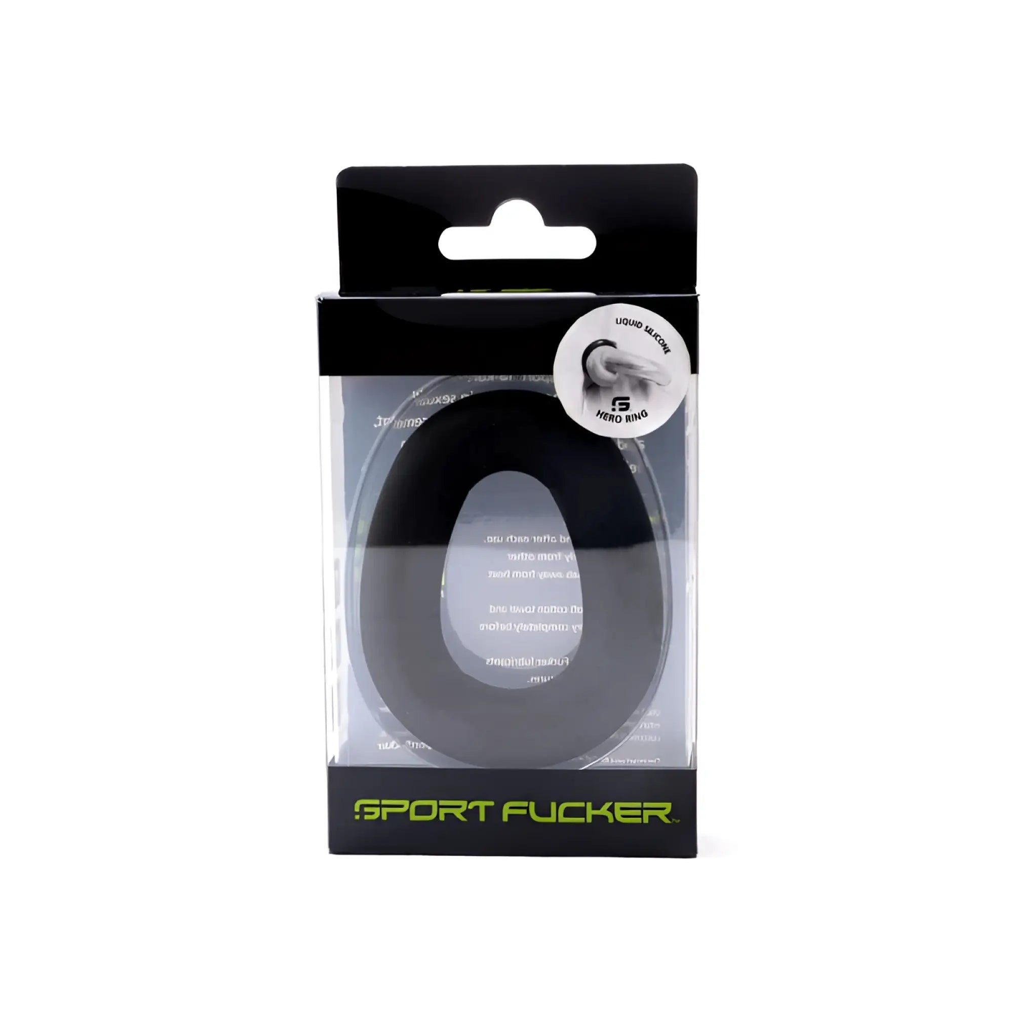 Black liquid silicone sport fucker hero ring 6 in clear packaging with green branding