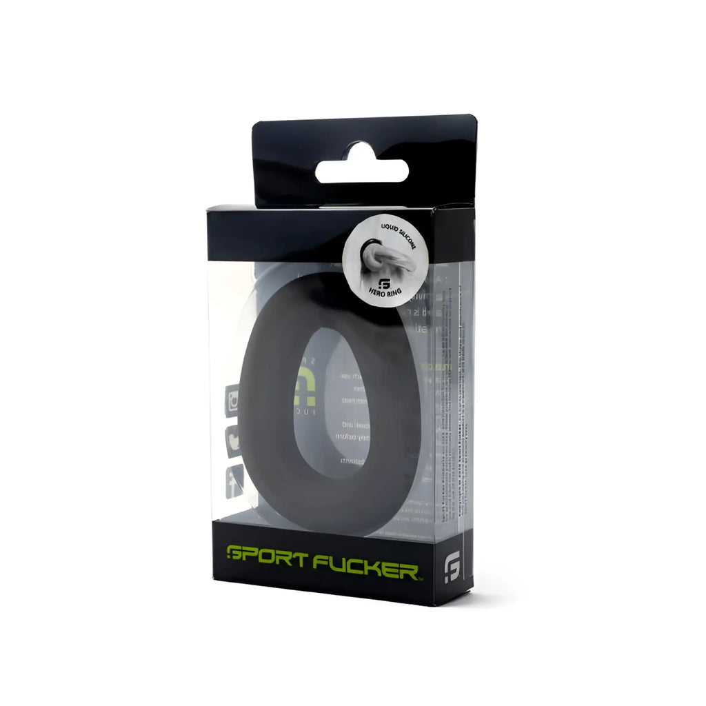 Black liquid silicone sport fucker hero ring in clear packaging with neon green branding for enhanced performance