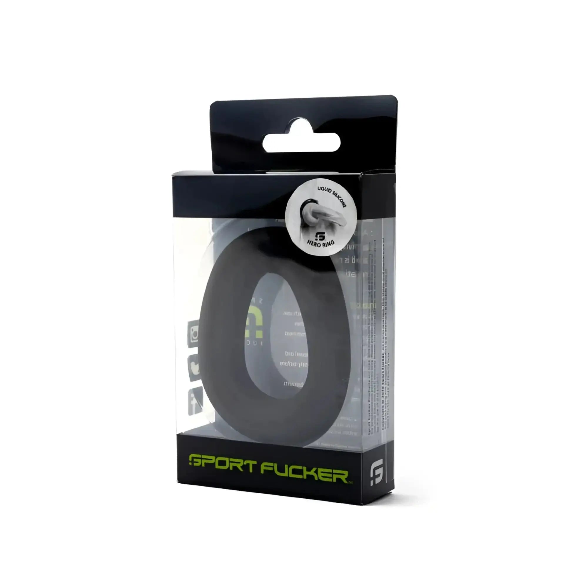 Black liquid silicone sport fucker hero ring in clear packaging with neon green branding for enhanced performance