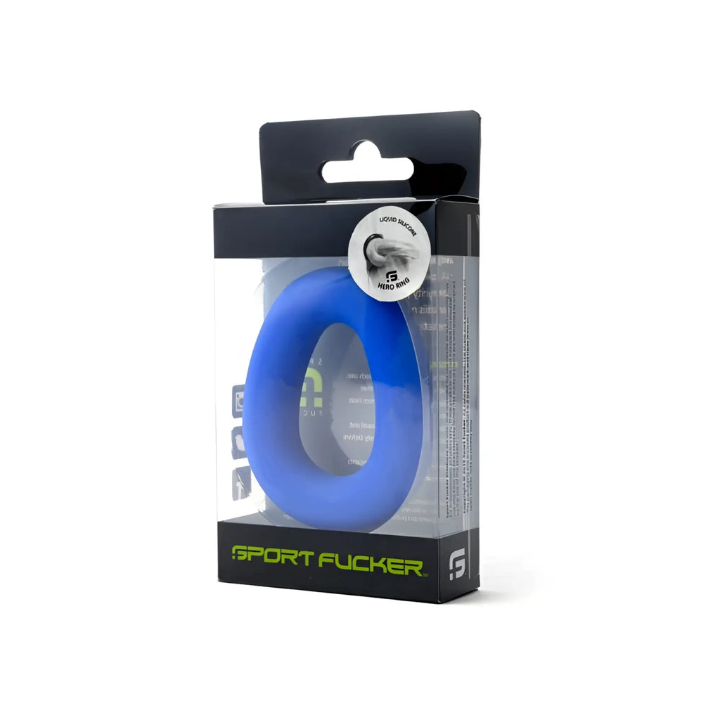 Blue liquid silicone sport fucker hero ring in branded packaging designed for enhanced performance and comfort