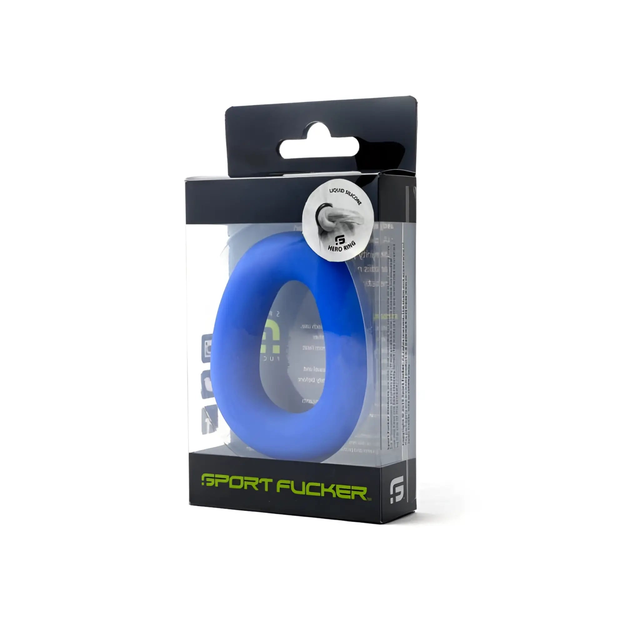 Blue liquid silicone sport fucker hero ring in branded packaging designed for enhanced performance and comfort