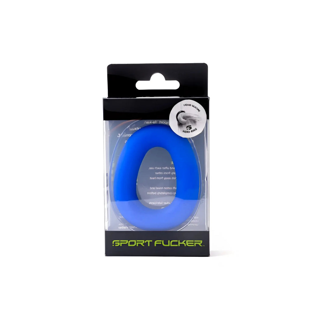Blue silicone sports ring packaged in clear box with black header and footer branded sport fucker hero ring blue