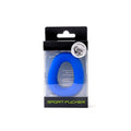 Blue silicone sports ring packaged in clear box with black header and footer branded sport fucker hero ring blue