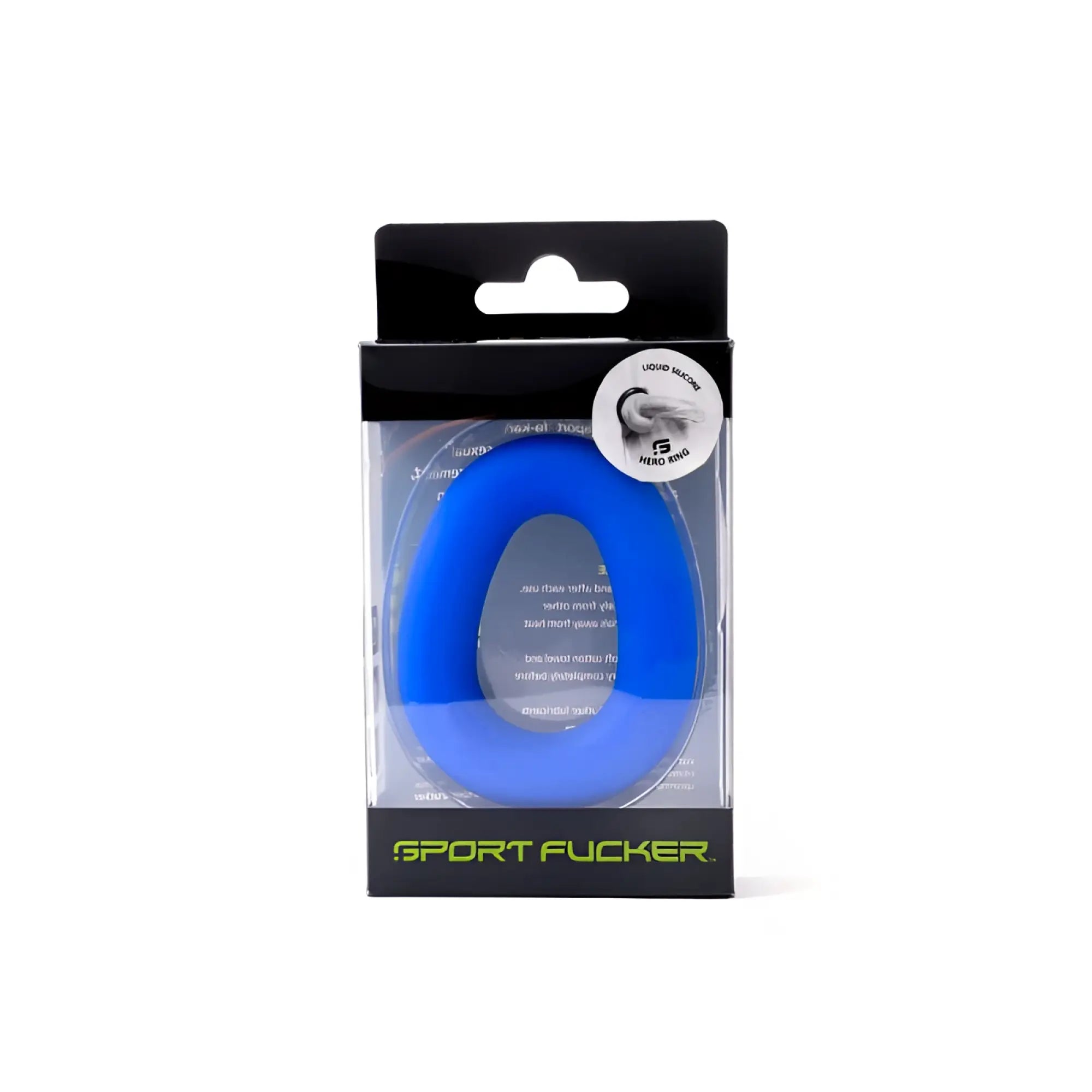 Blue silicone sports ring packaged in clear box with black header and footer branded sport fucker hero ring blue