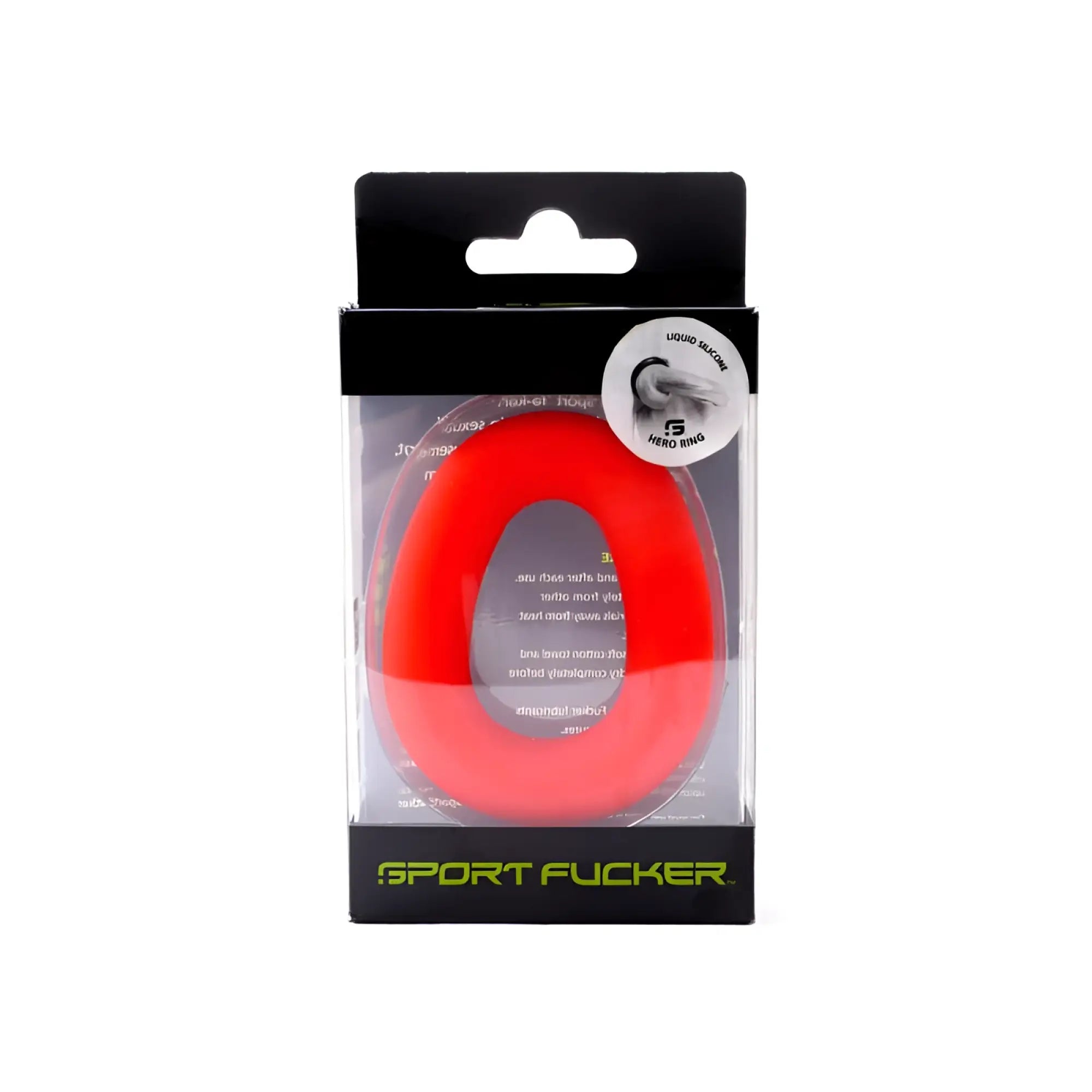 Bright red silicone sport fucker hero ring in clear plastic packaging for sports and active use