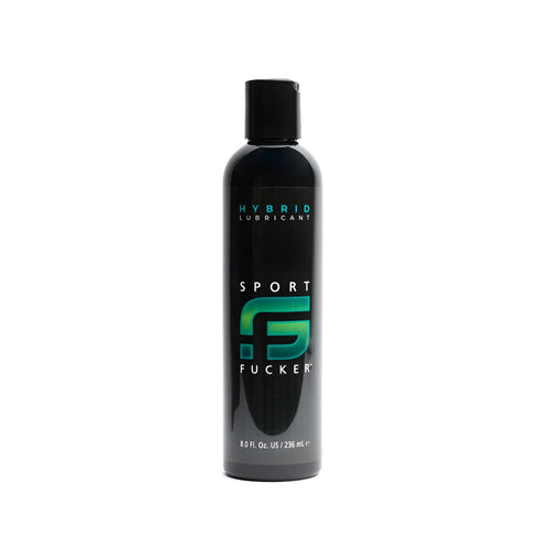 Black sport fucker hybrid lubricant bottle with sleek glossy finish and teal green logo in 8oz 236ml size