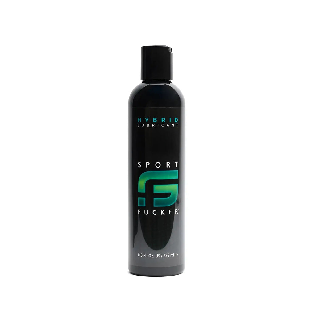 Black sport fucker hybrid lubricant bottle with sleek glossy finish and teal green logo in 8oz 236ml size