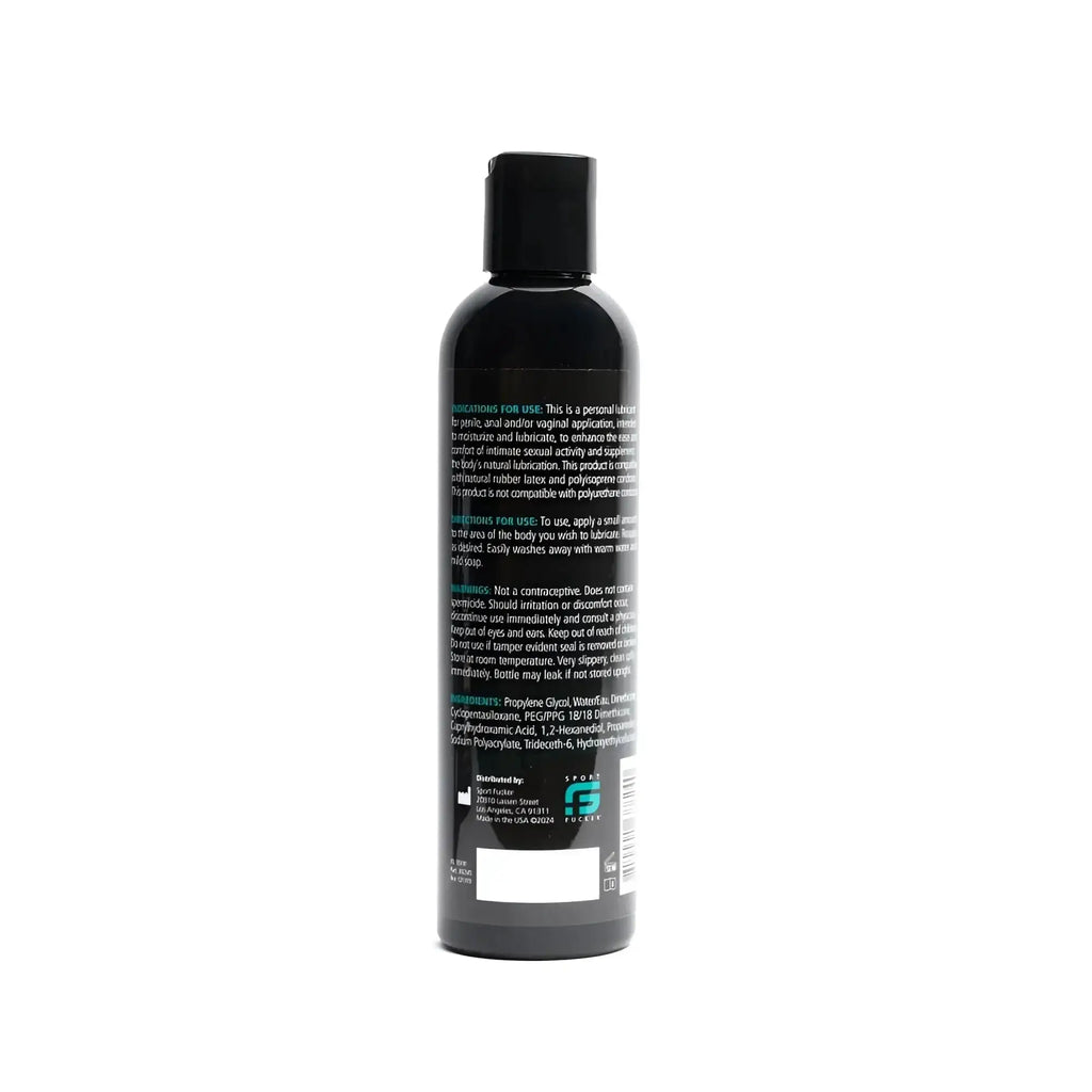 Black plastic bottle with black cap and white text label of sport fucker hybrid lubricant 8oz 236ml product