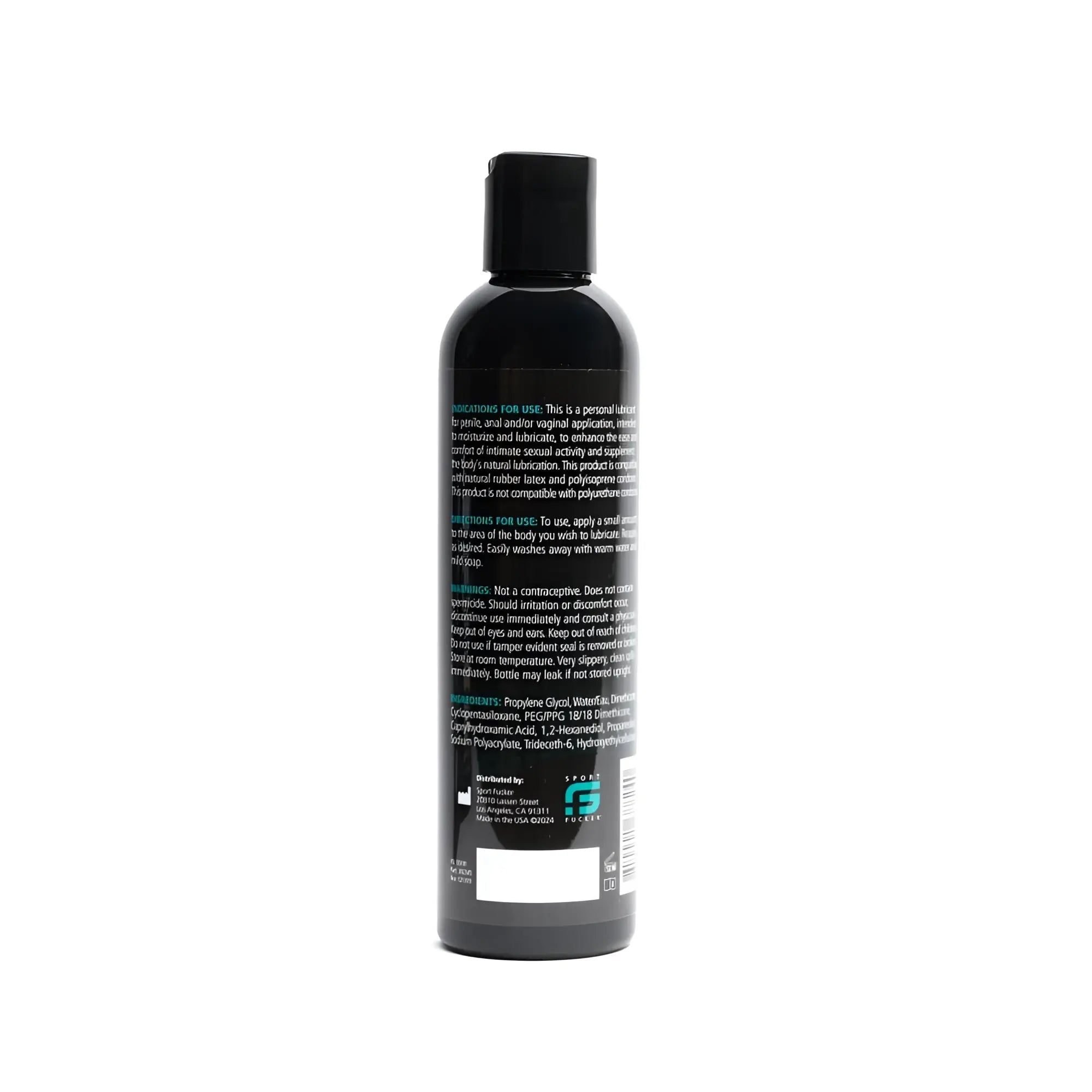 Black plastic bottle with black cap and white text label of sport fucker hybrid lubricant 8oz 236ml product