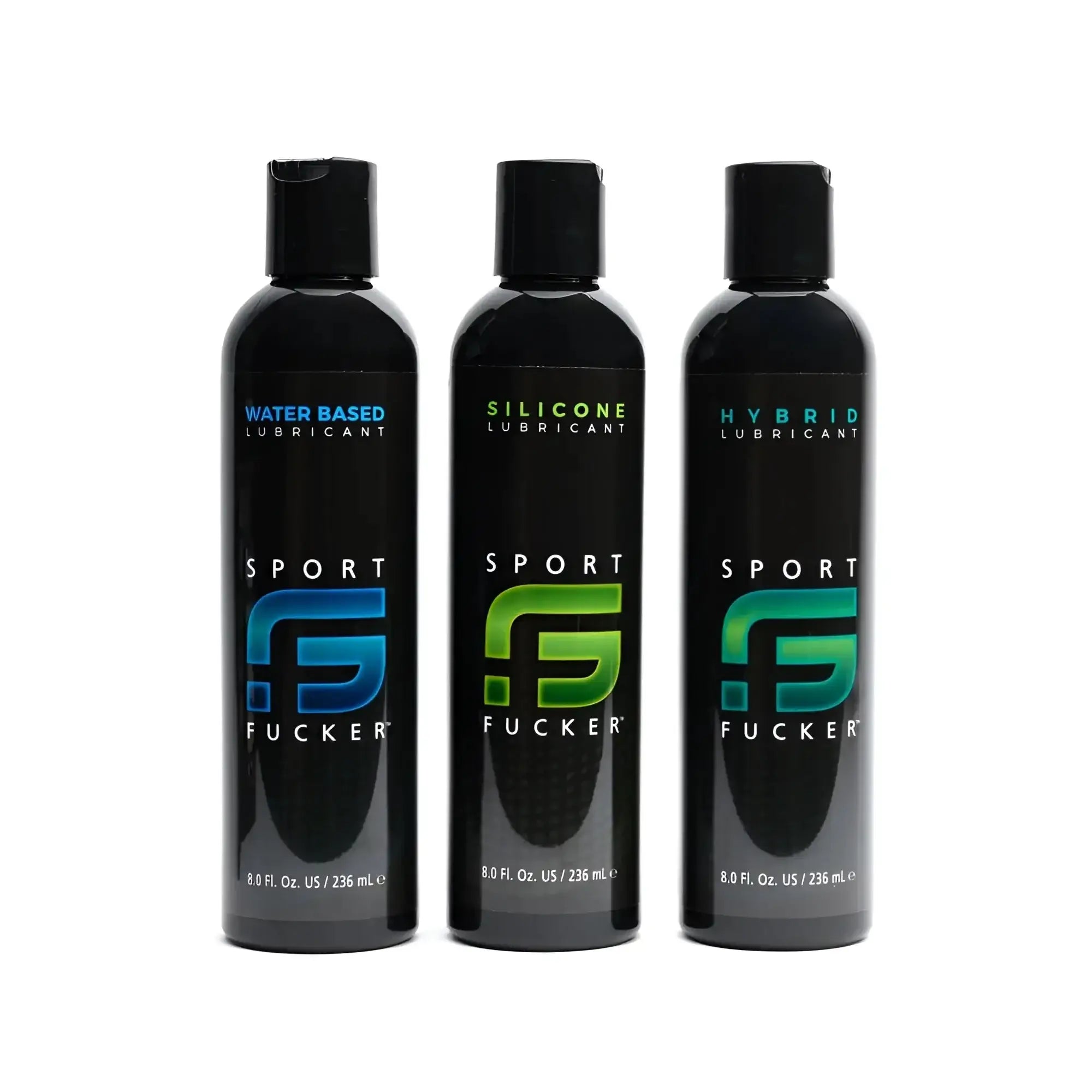 Three black sport fucker lubricant bottles with colored logos labeled water-based silicone and hybrid 8oz 236ml