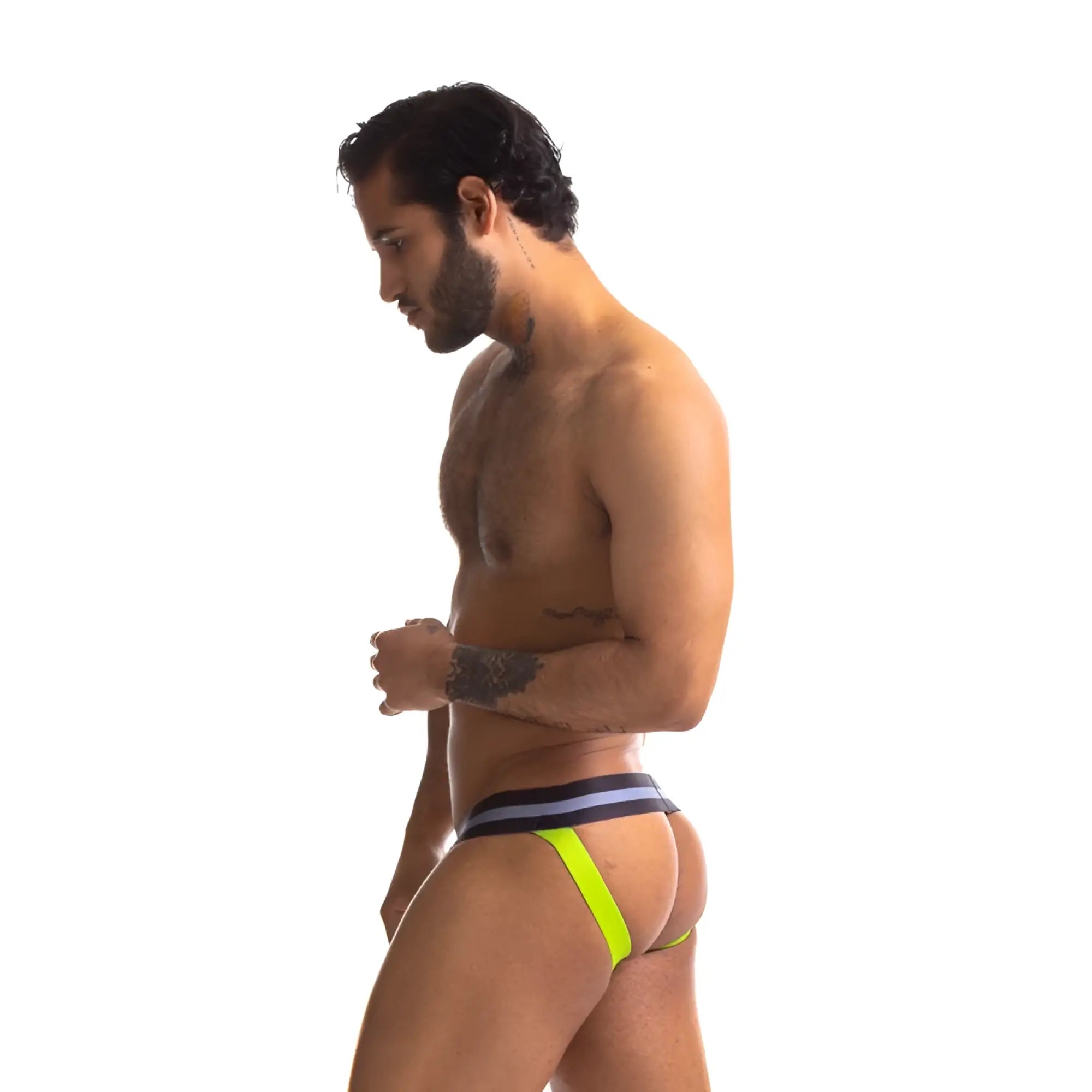 Bright neon green and navy blue striped athletic briefs designed for sport use in sport fucker jersey jock black black l