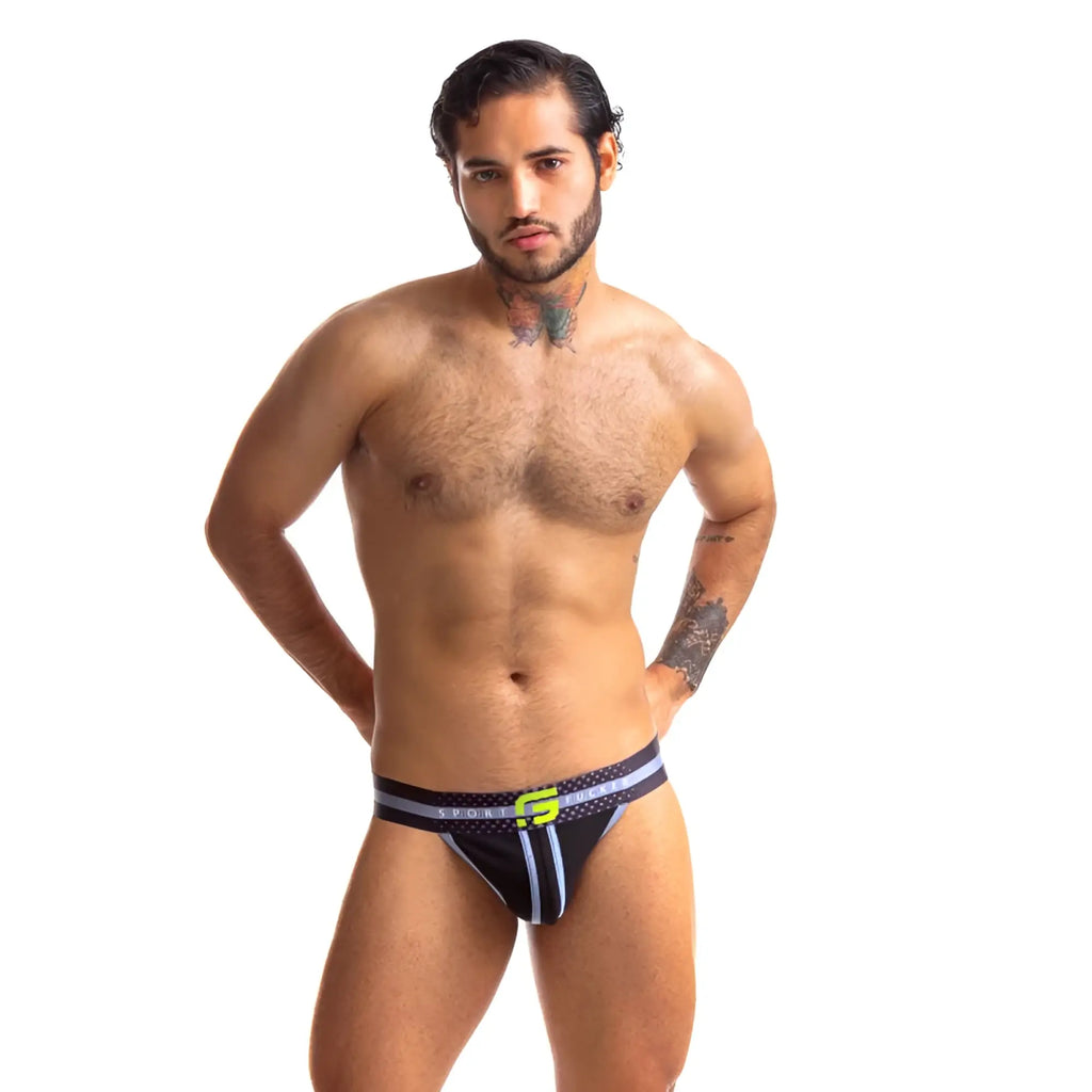 Black athletic briefs sport fucker jersey jock black with neon green and white logo and vertical stripe accents
