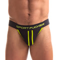 Black athletic briefs with neon green side stripes and sport fucker logo waistband in bright yellow green lettering