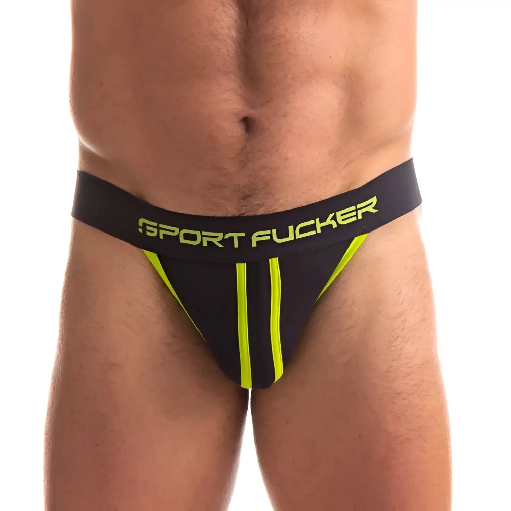 Black athletic briefs with neon green side stripes and sport fucker logo waistband in bright yellow green lettering