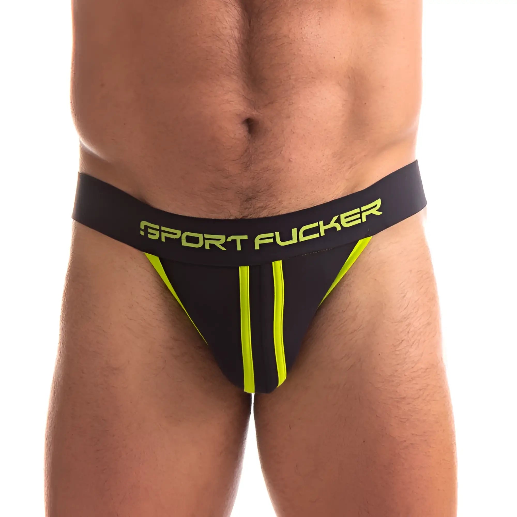 Black athletic briefs sport fucker jersey jock with neon green side stripes and bright yellow green logo waistband