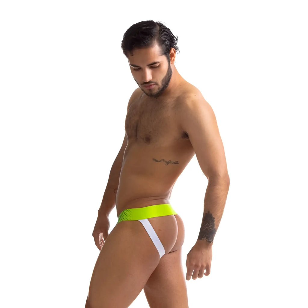Bright neon green and white sport fucker jersey jock briefs with mesh pattern waistband in size L
