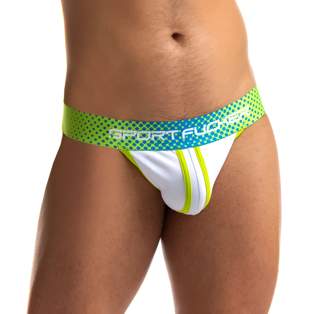White sport fucker jersey jock briefs with lime green and teal polka dot waistband in size large