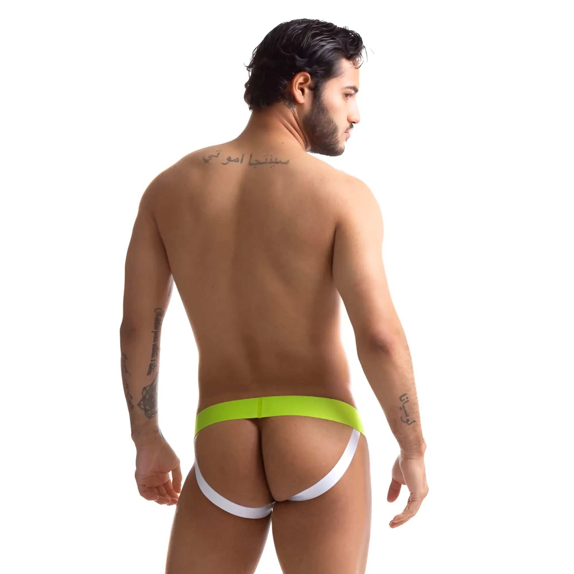Bright neon green and white sport fucker jersey jock briefs with sleek modern design in size m front view